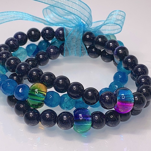 BLUE SANDSTONE + DRAGON VEINS  AGATE SET NATURAL BRACELETS size 7” - Picture 3 of 8